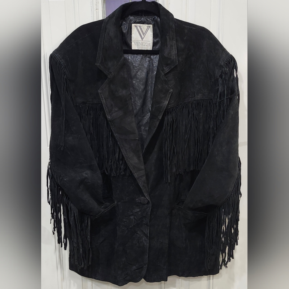 Venezia black leather suede fringed boho western women's plus size coat jacket